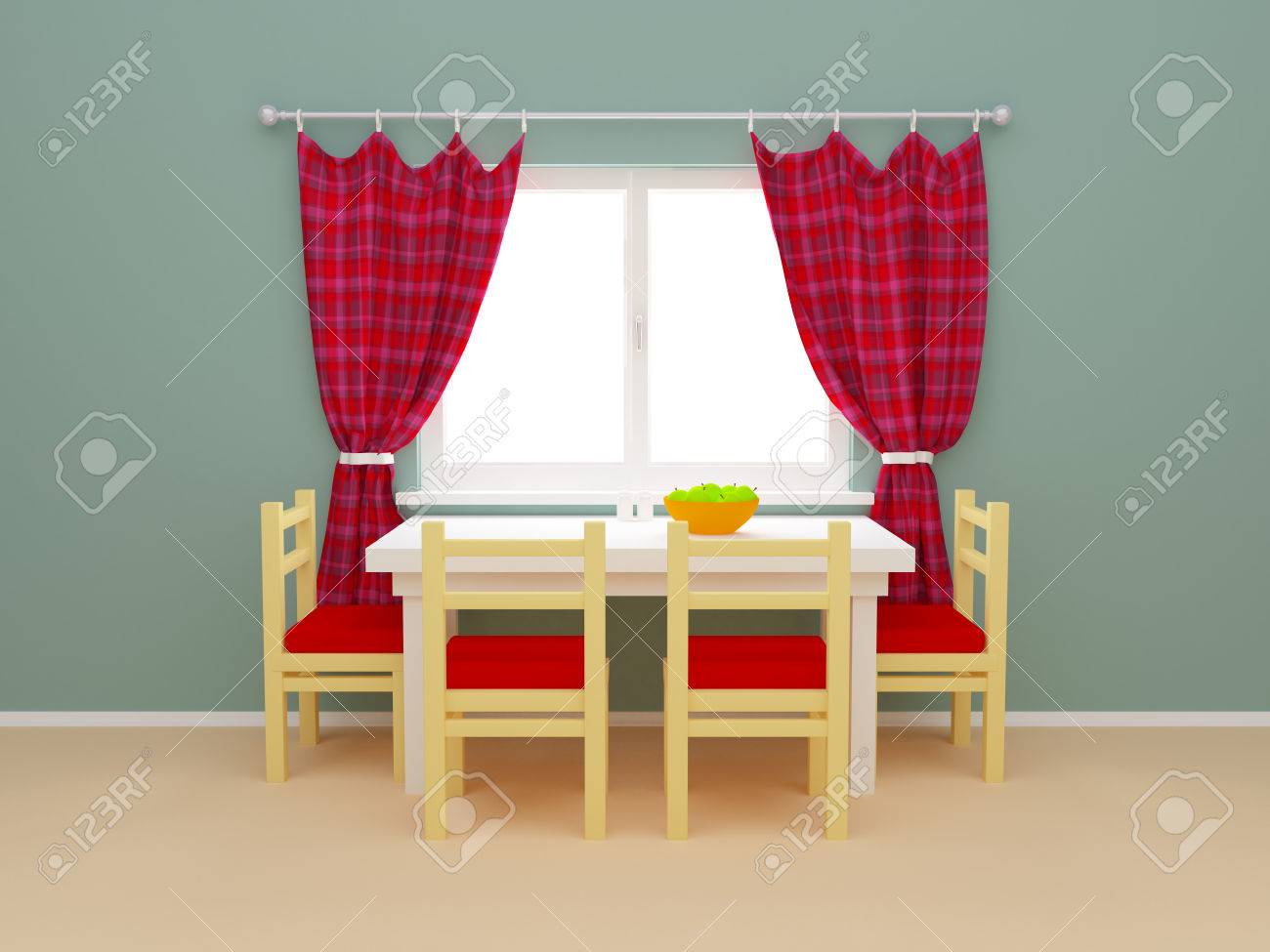 Intérieur fenêtre de la cuisine avec des rideaux et table à manger ...