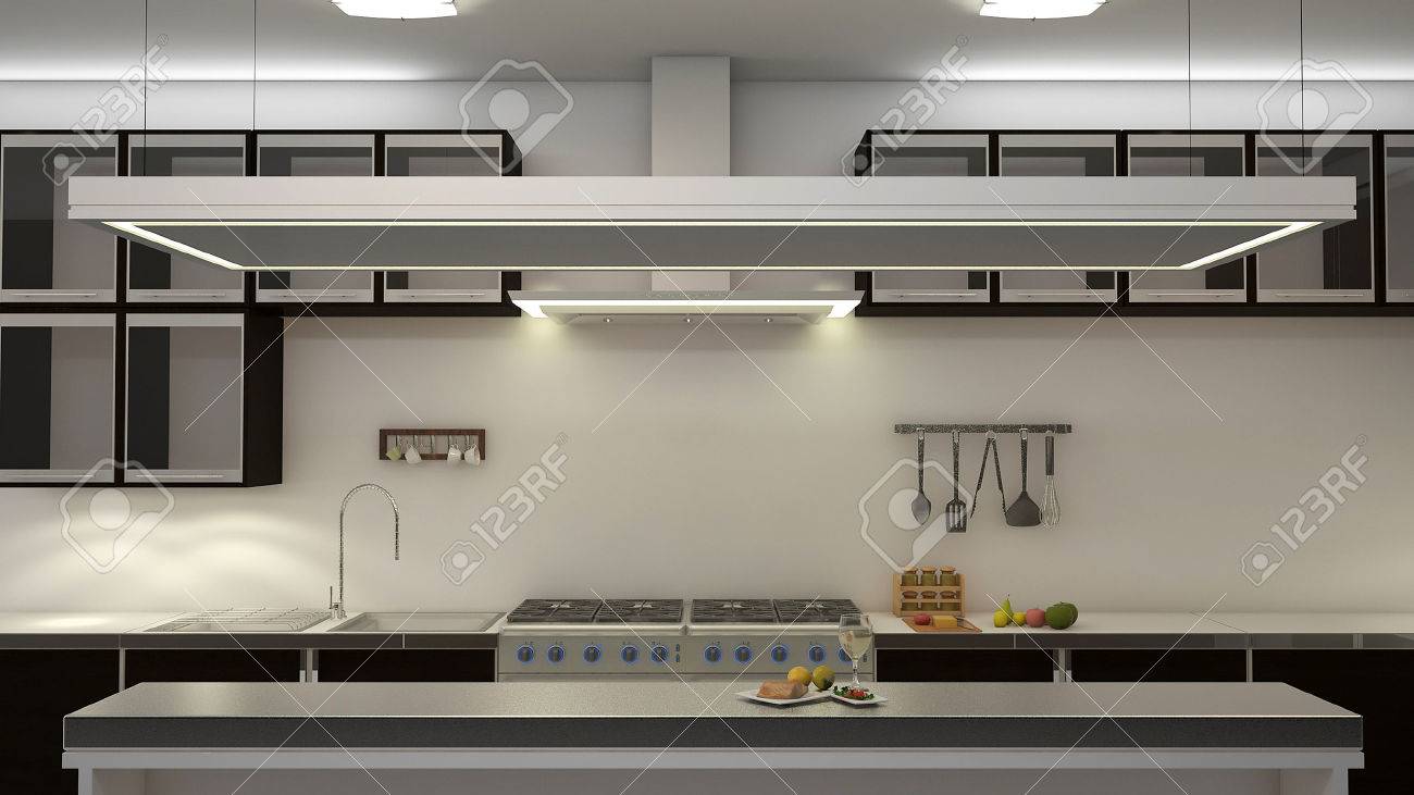 Moderne schone witte keuken met centrum hoekje. 3d rendering ...