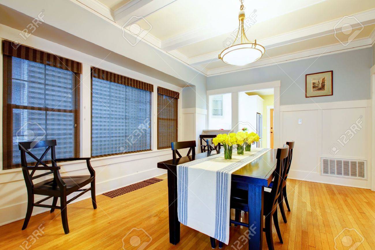 Grey Blue Dining Room Interior With Black Table And Wood Floor Grey Blue Dining Room Interior With Black Table And Wood Floor