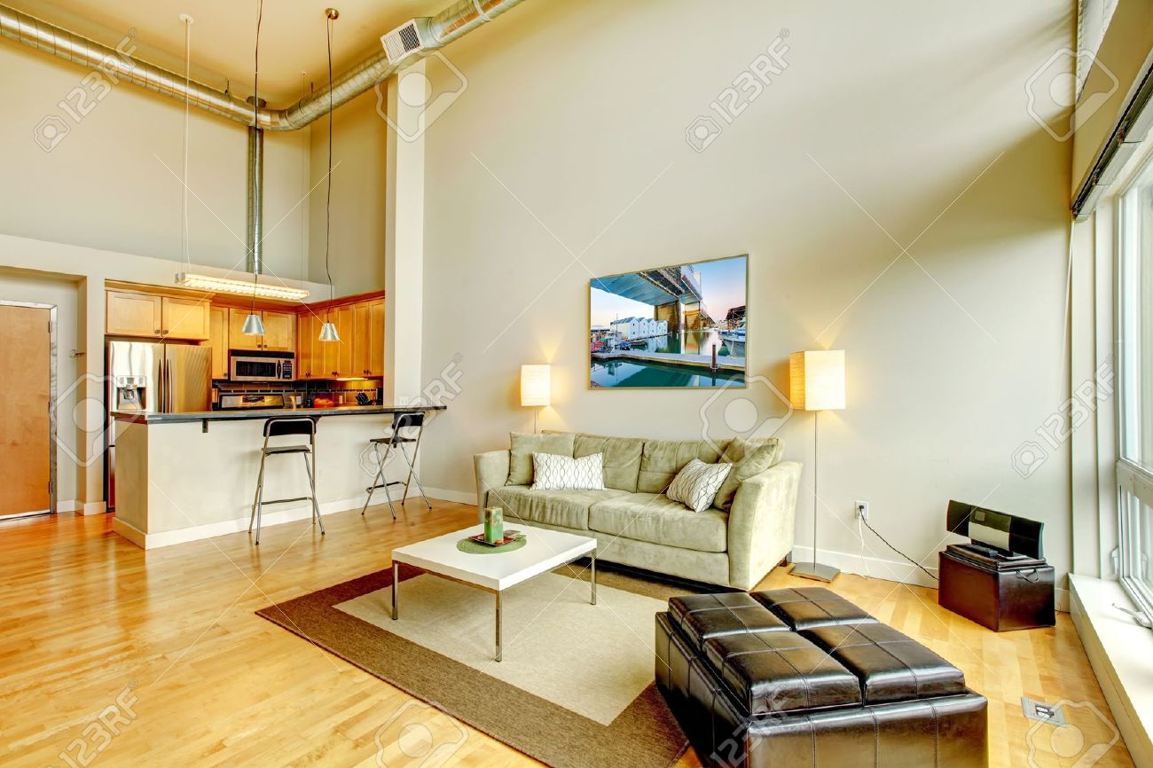 Moderne loft apartment wohnzimmer innenraum mit kã¼che und hohen decken lizenzfreie bilder 17771862