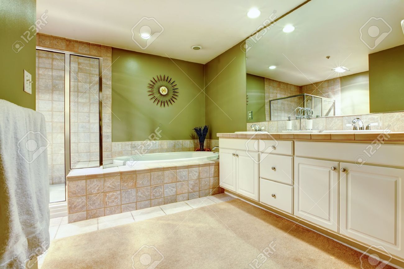 Bagno di verde e bianco, con due lavandini e ripostiglio. foto ...