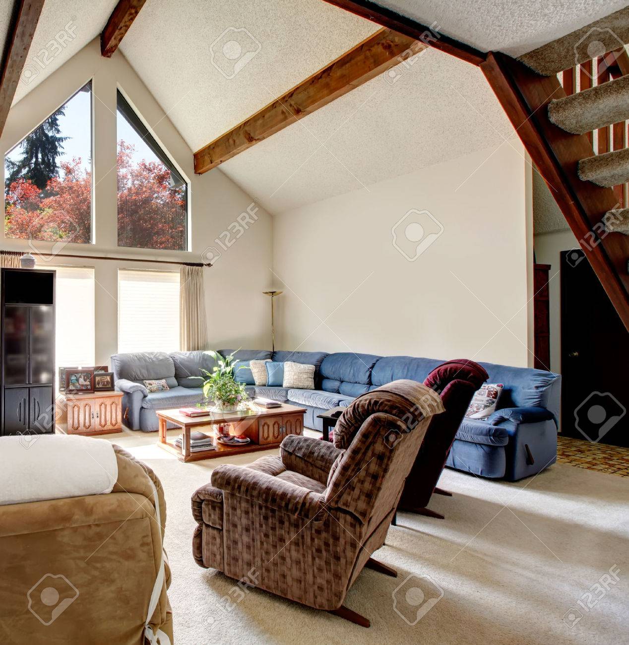 Heldere grote woonkamer met gewelfd plafond en balken ...