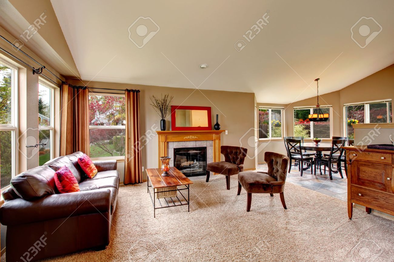 Lichte woonkamer met beige vloerbedekking, leren bank, salontafel ...