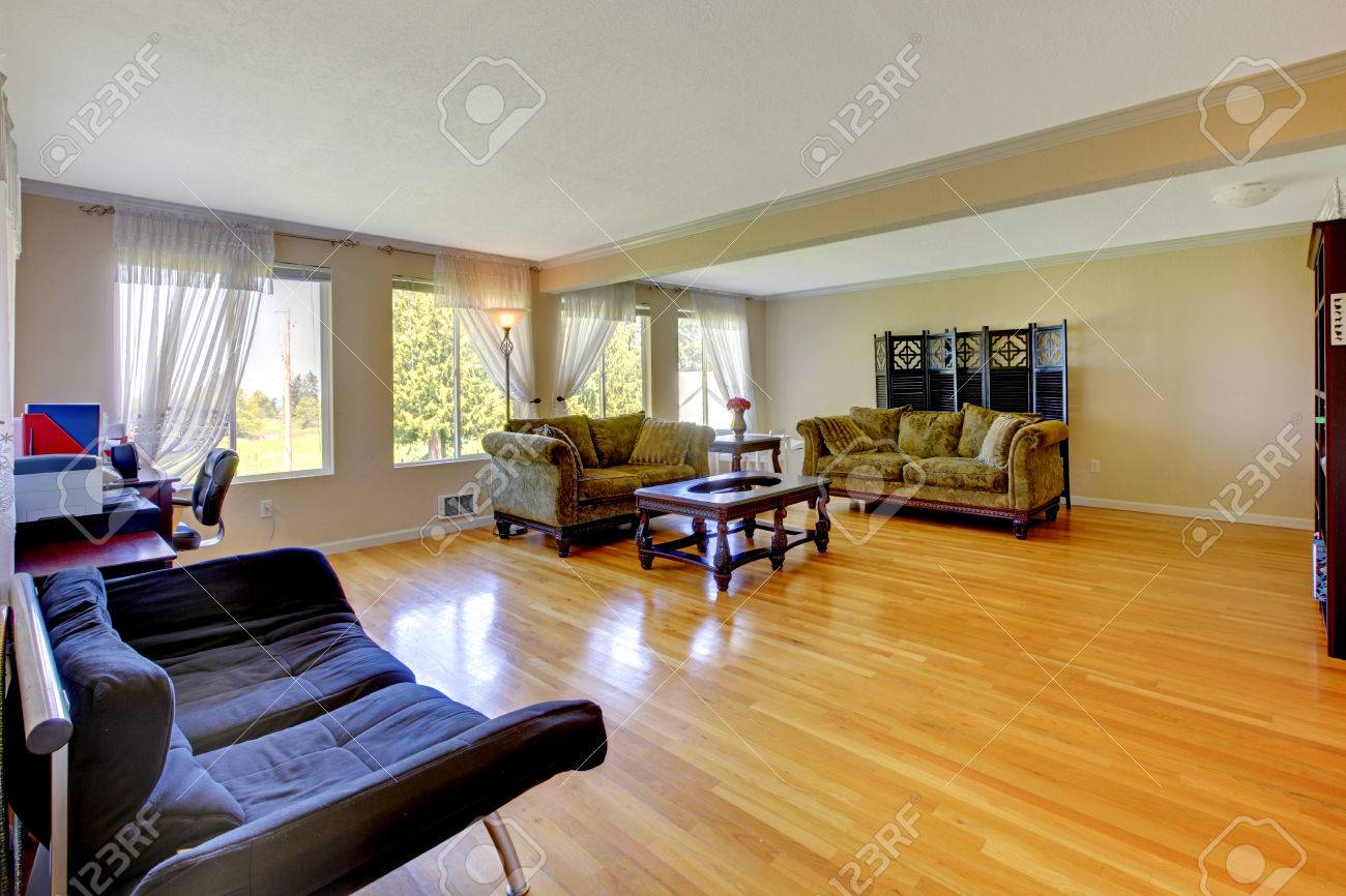 Geräumiges wohnzimmer mit parkettboden antike grünen sofas couchtisch einige tische und office