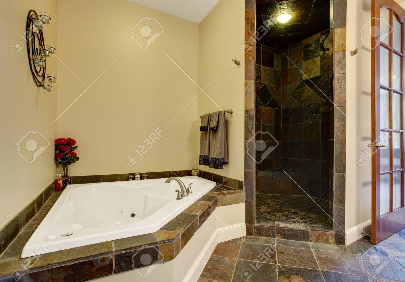 Intérieur salle de bains avec carrelage noir et garniture de ...