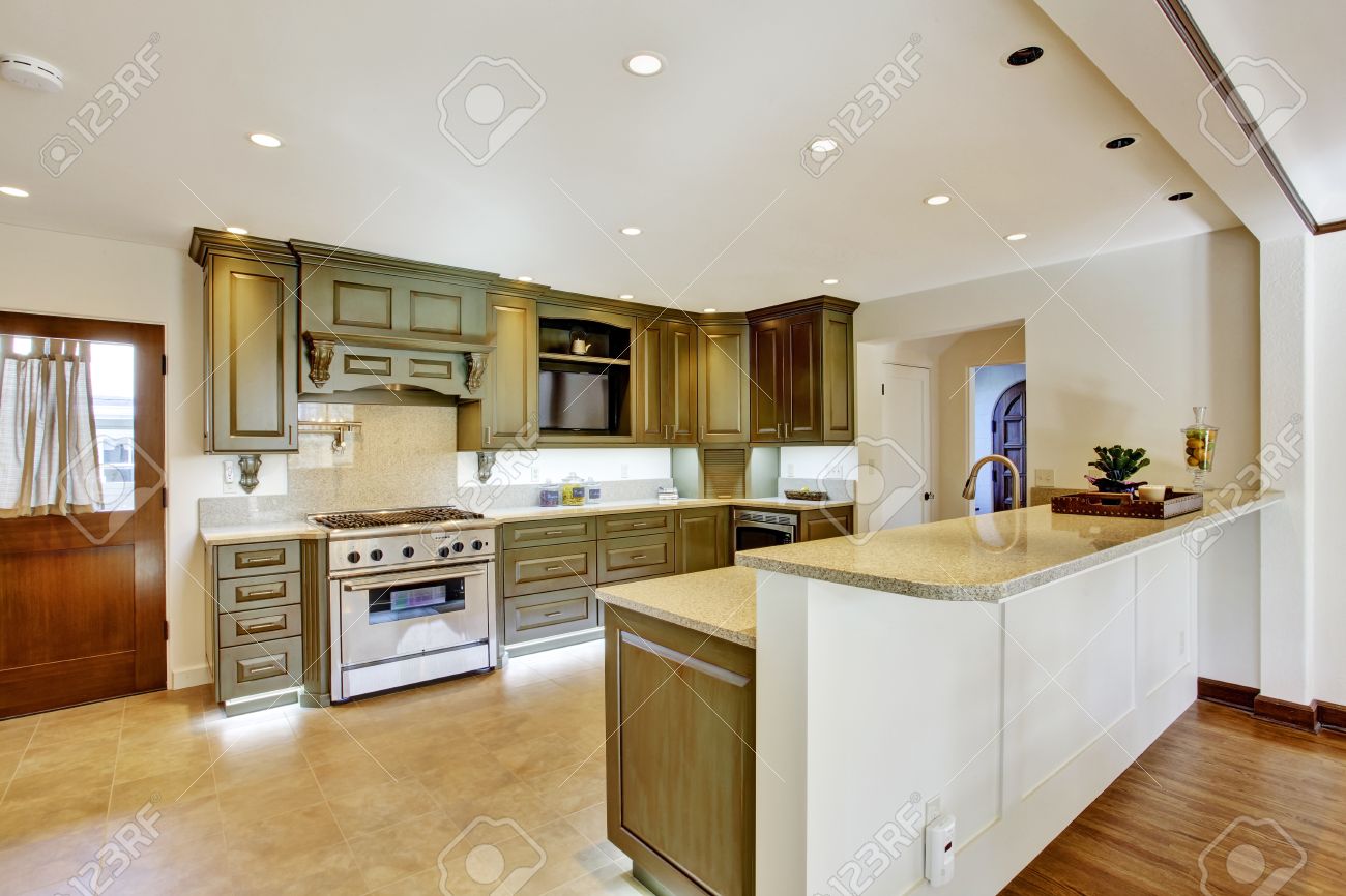 Moderne salle de cuisine kaki en grande maison de luxe banque d ...