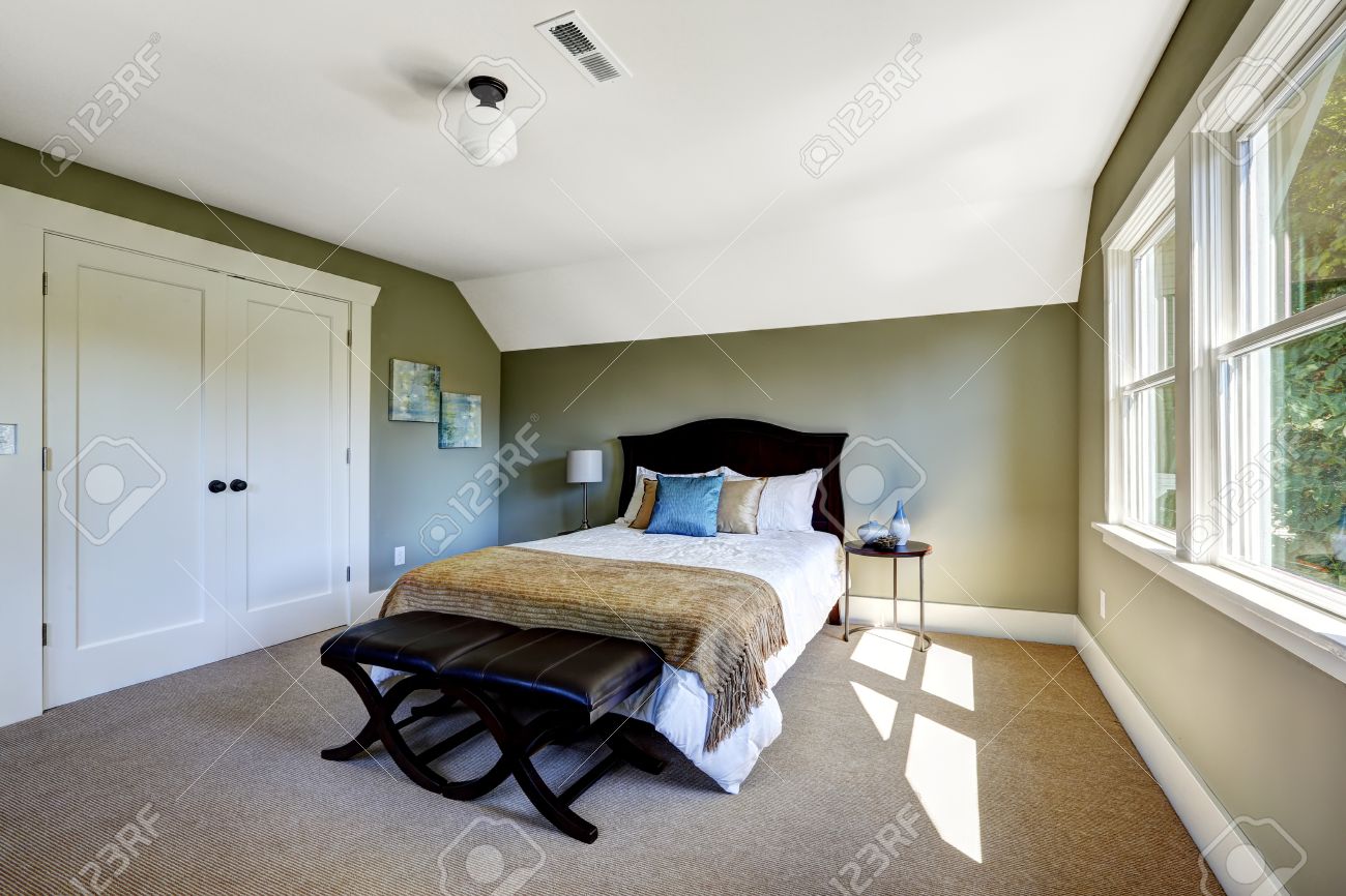 Interieur slaapkamer met beige vloerbedekking en groene muren ...