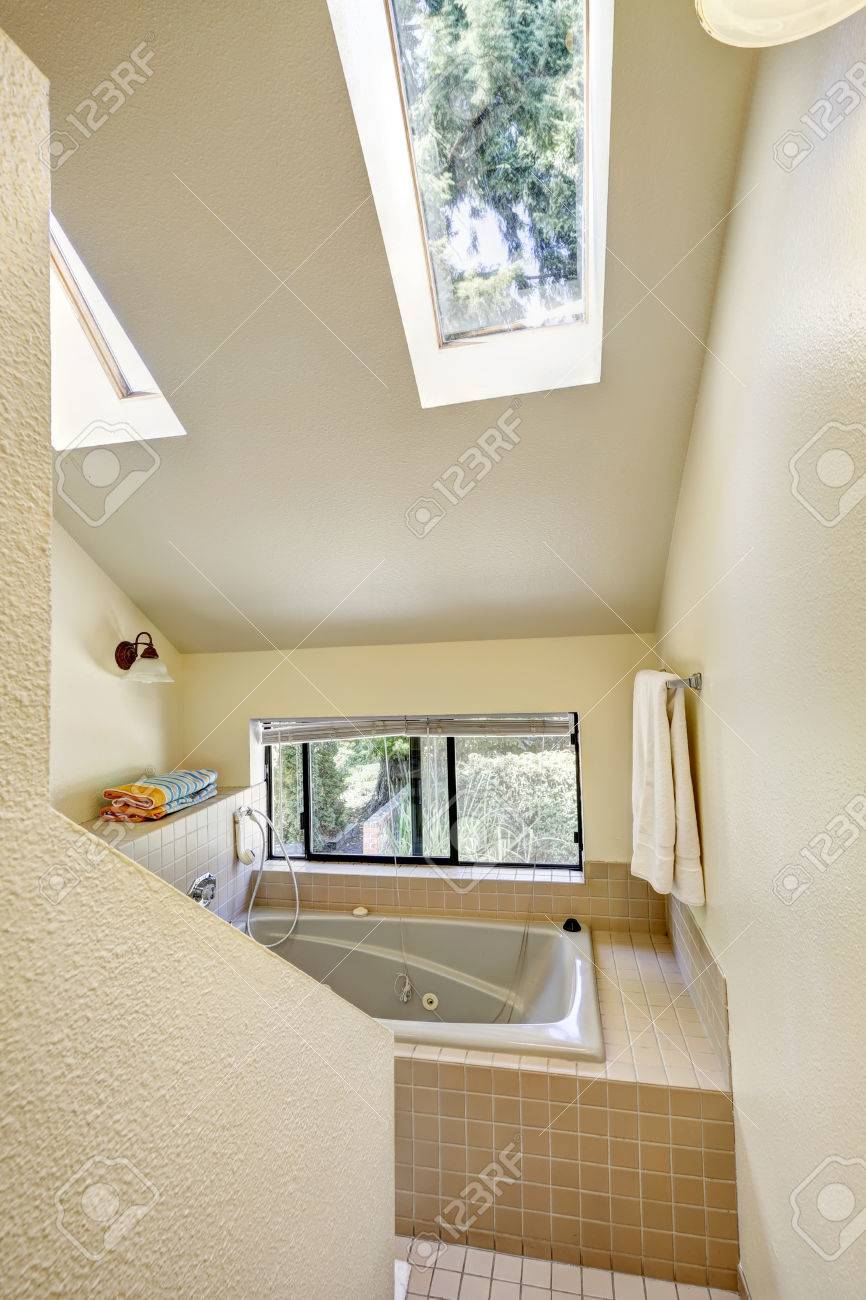 Bagno con finestra, alto soffitto a volta e slylights. vasca da ...