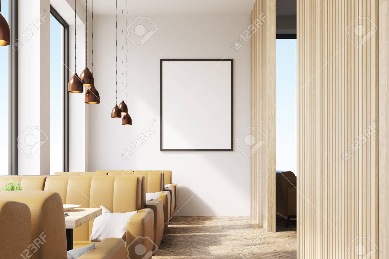 cafe interior with wooden elements of decoration, a framed cafe interior with wooden elements of decoration, a framed