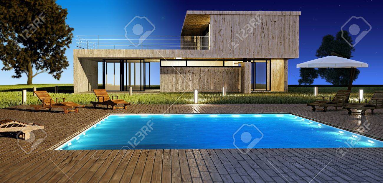 Maison moderne avec piscine et jour la vision de nuit banque d ...