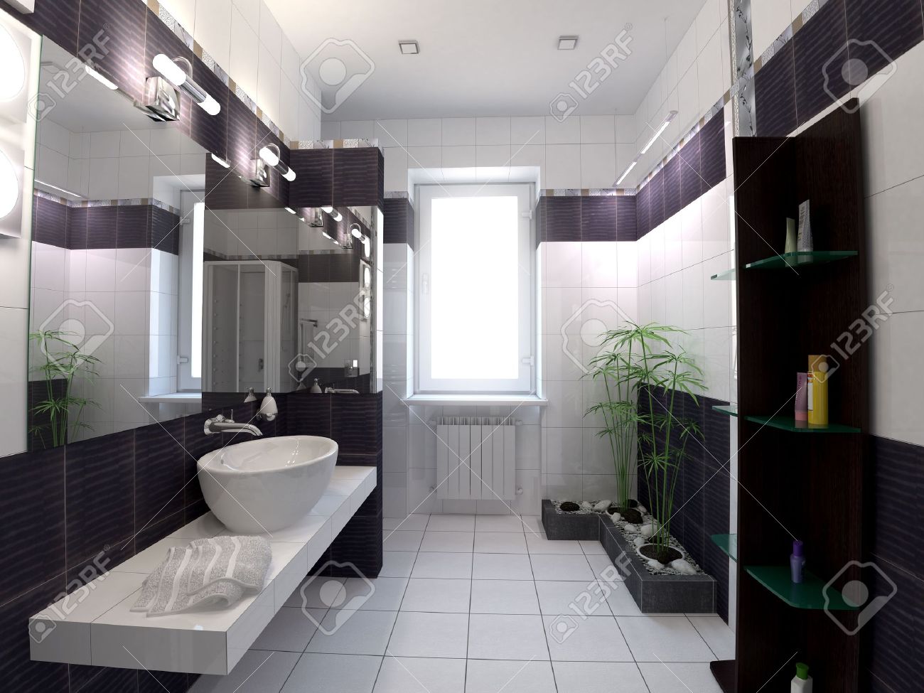 Salle de bains noir et blanc de rendu 3d sur style zen banque d ...
