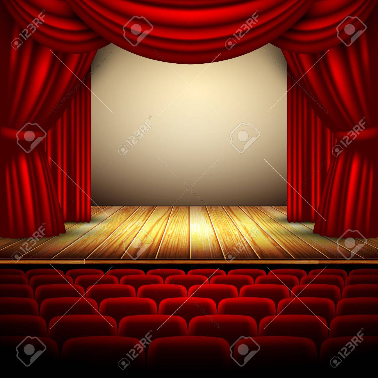 Theater podium met rood gordijn en de houten vloer royalty vrije ...