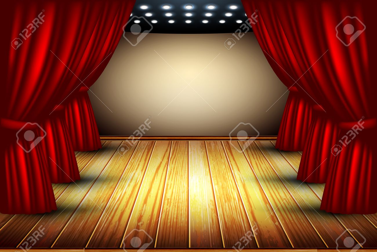Theater podium met rood gordijn en de houten vloer royalty vrije ...