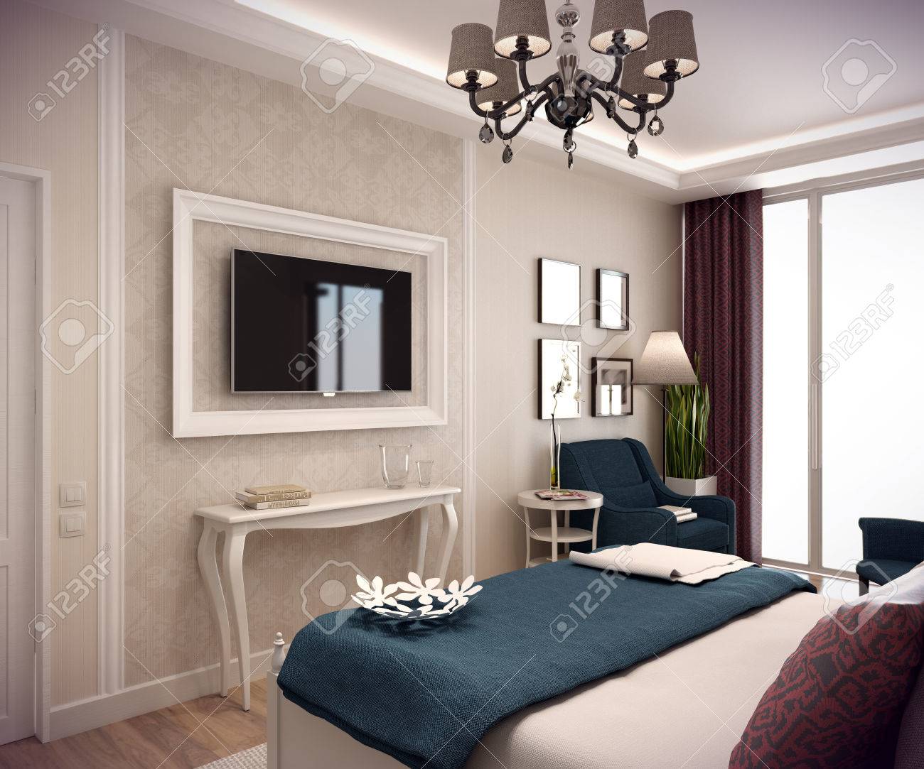 Rendering 3d accogliente camera da letto in stile classico. letto ...