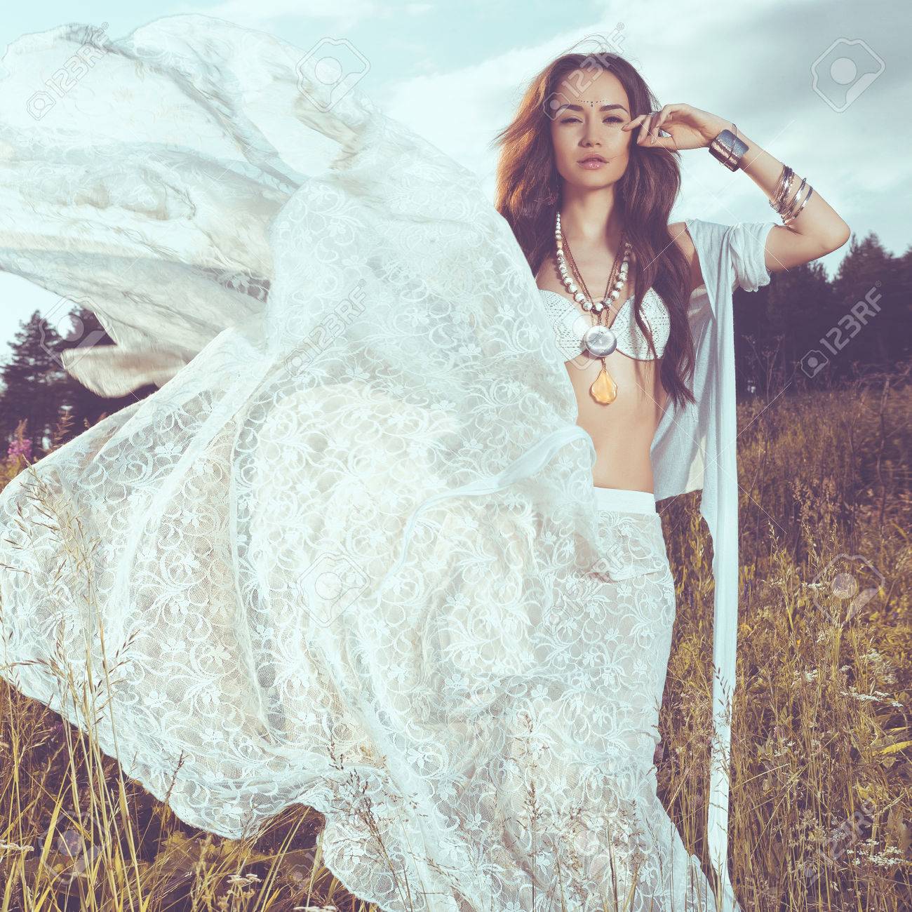 Outdoors fashion photo of beautiful bohemian lady stock photo ...