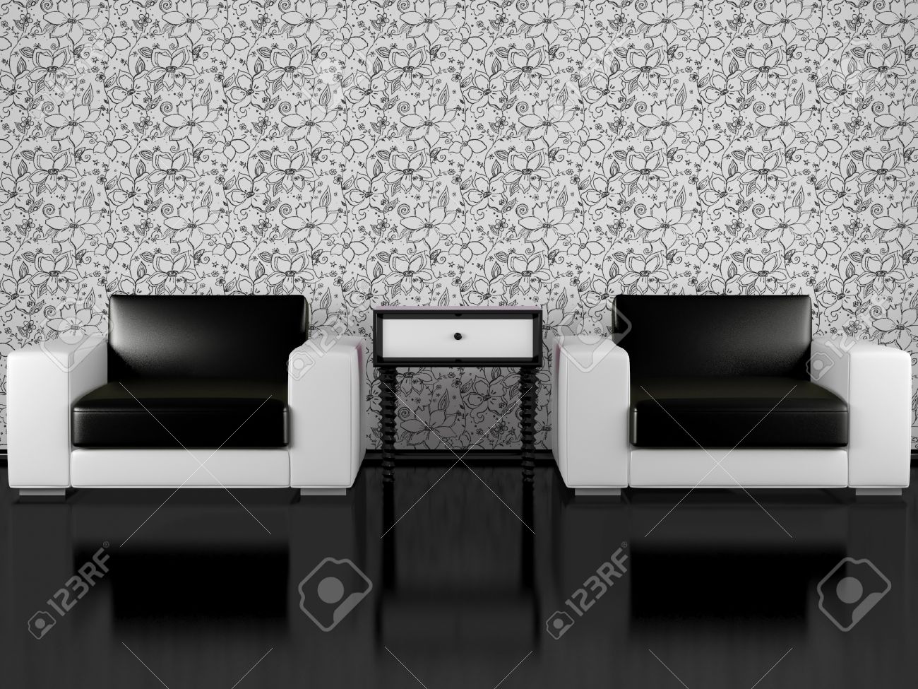 Moderne interieur van een woonkamer, een moderne fauteuils met ...