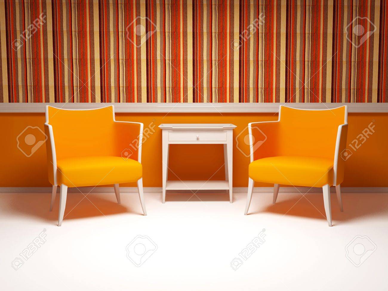 Design d'intérieur de salon moderne, deux fauteuils rouges ...