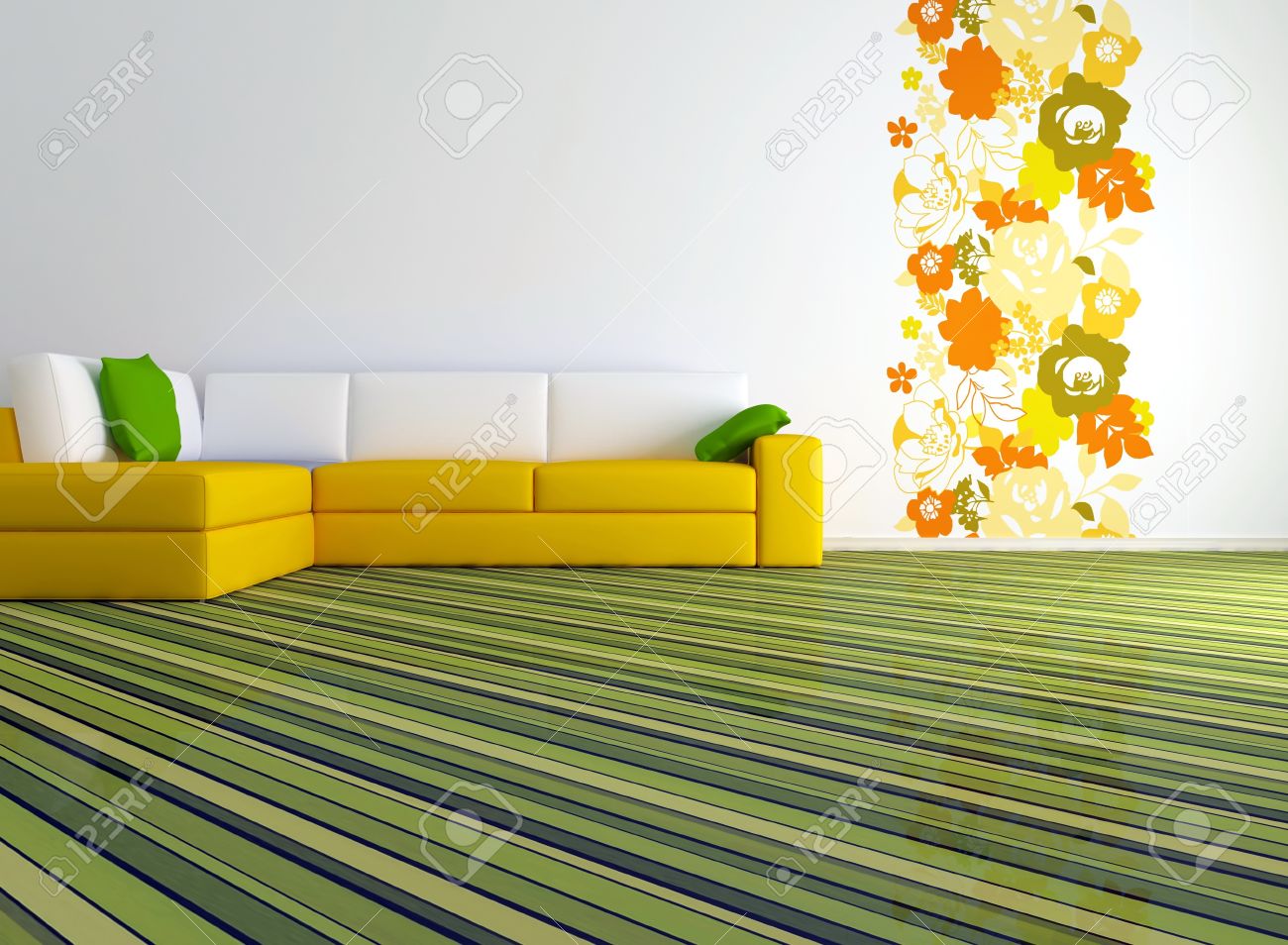 Licht interieur ontwerp van moderne woonkamer met grote gele bank ... Woonkamer groen geel