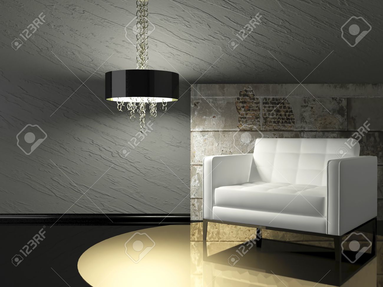 Dark design intérieur de salon moderne avec fauteuil blanc et mur ...