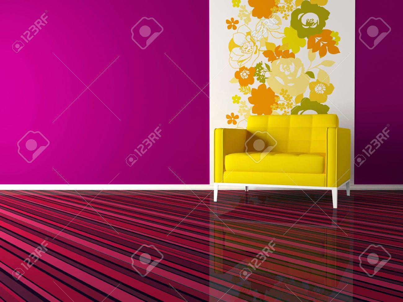 Helle innenarchitektur der modernen rosa wohnzimmer mit gelben ...