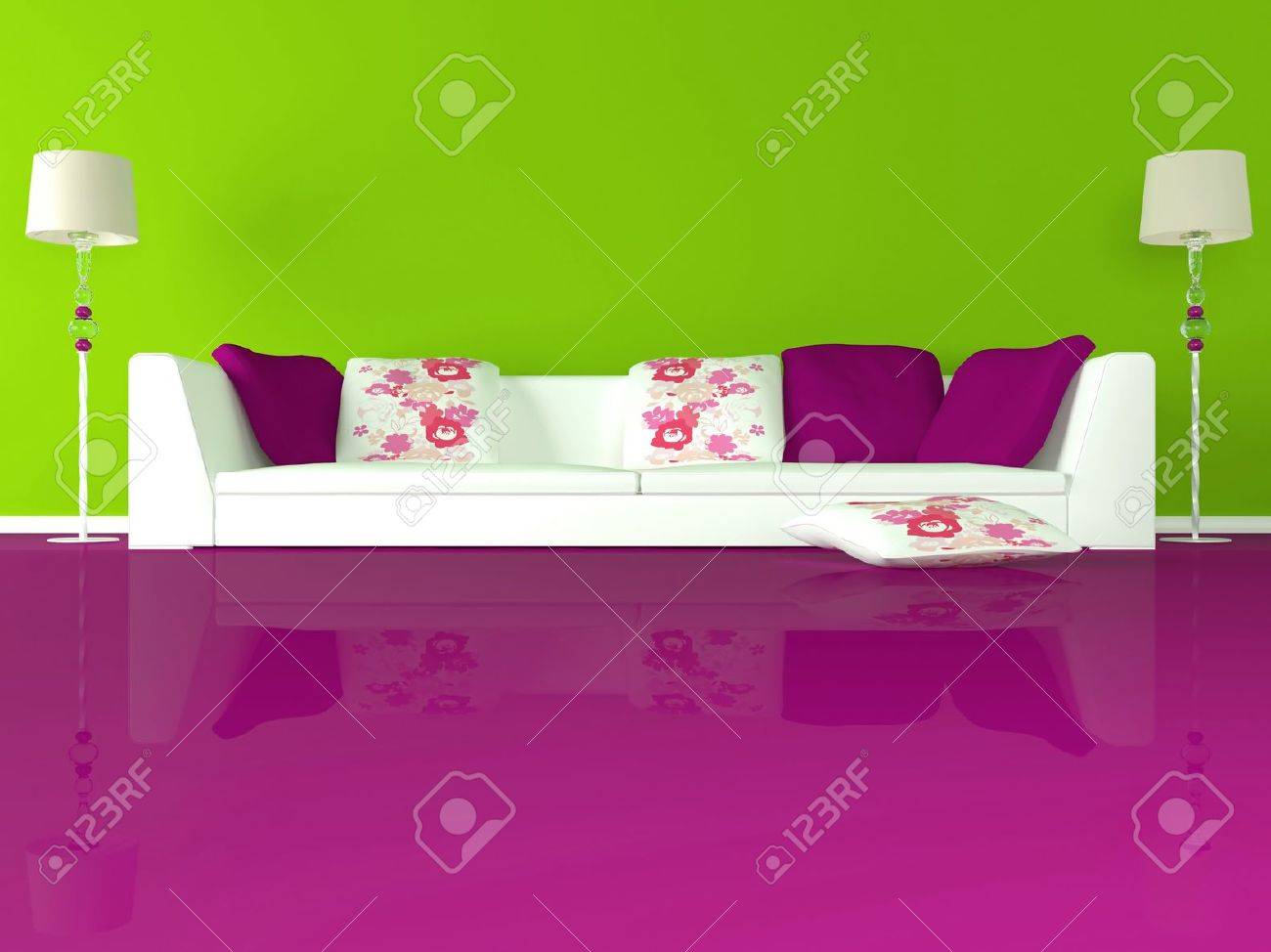 Inredning av modern grön vardagsrum med stora vita soffa och rosa ...