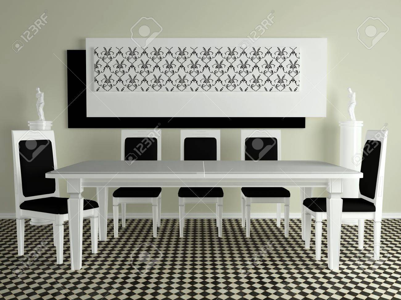 Classique table à manger avec des chaises blanches, design d ...