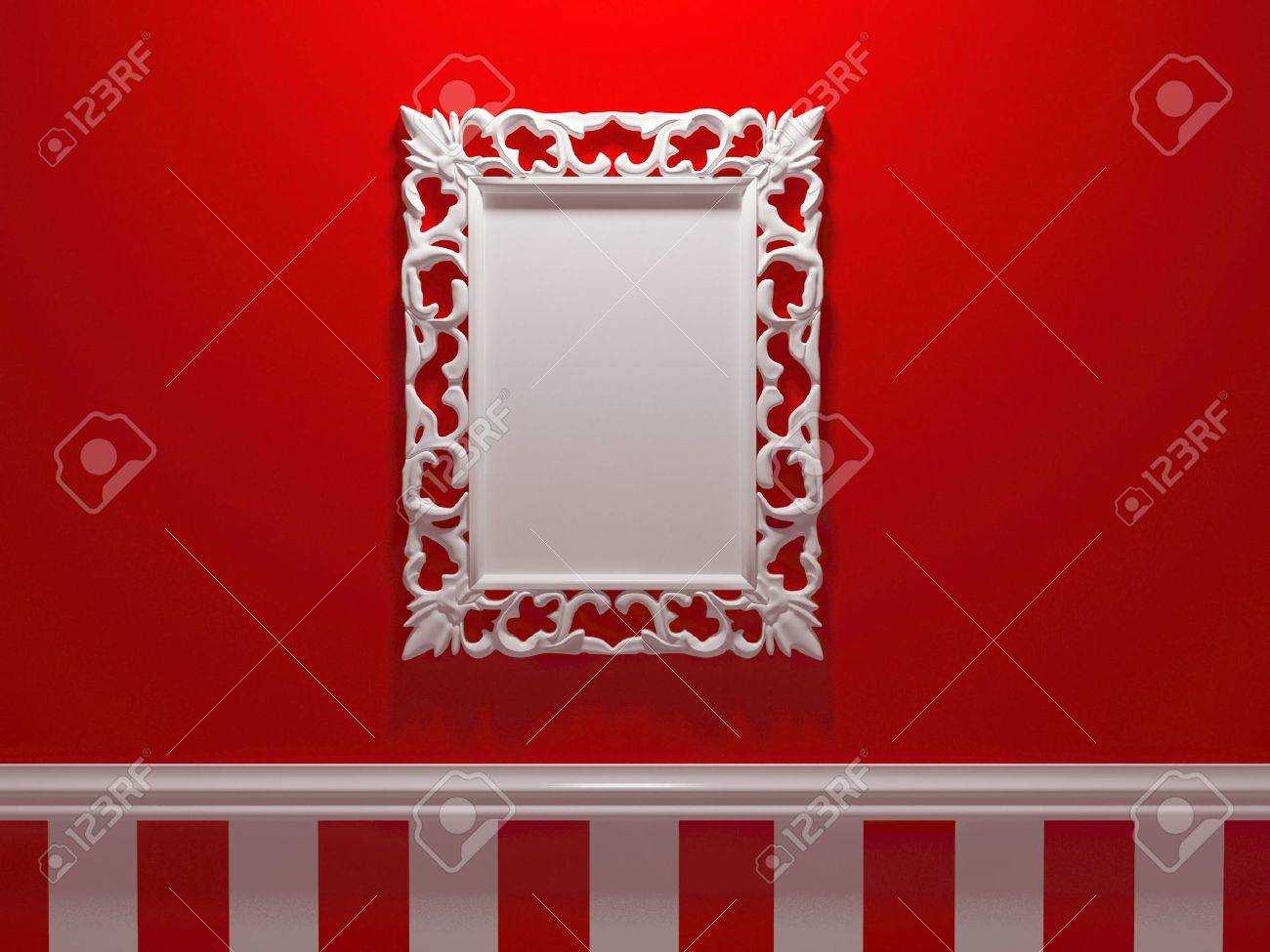 Antique whhite verzierten bilderrahmen auf der roten wand, legen ...