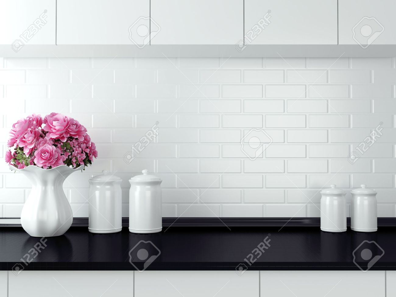 Bords på bänkskivan. svart och vitt kök design. royalty fria ...