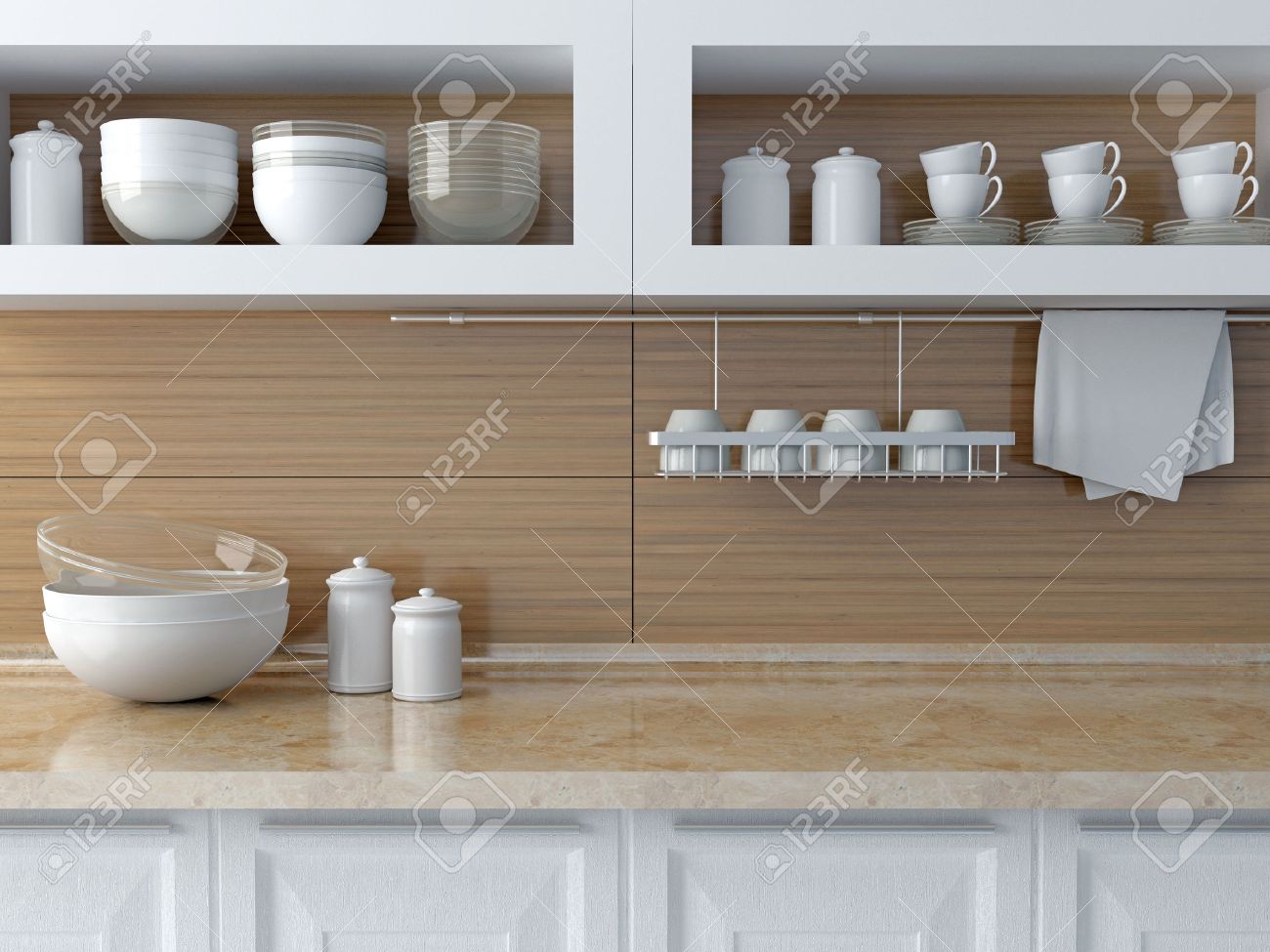 Moderne küche design. weiÃe keramik geschirr auf dem marmor ...