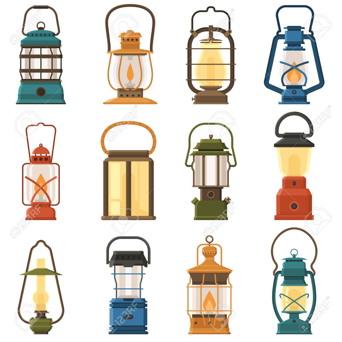 Diffãrent collection de lampe ã huile moderne et rãtro lanternes illustration vectorielle diverses lampes ã gaz de poignãe pour la randonnãe
