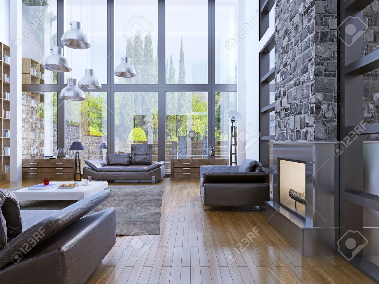 Loft apartment interior design with panoramic window. living ...