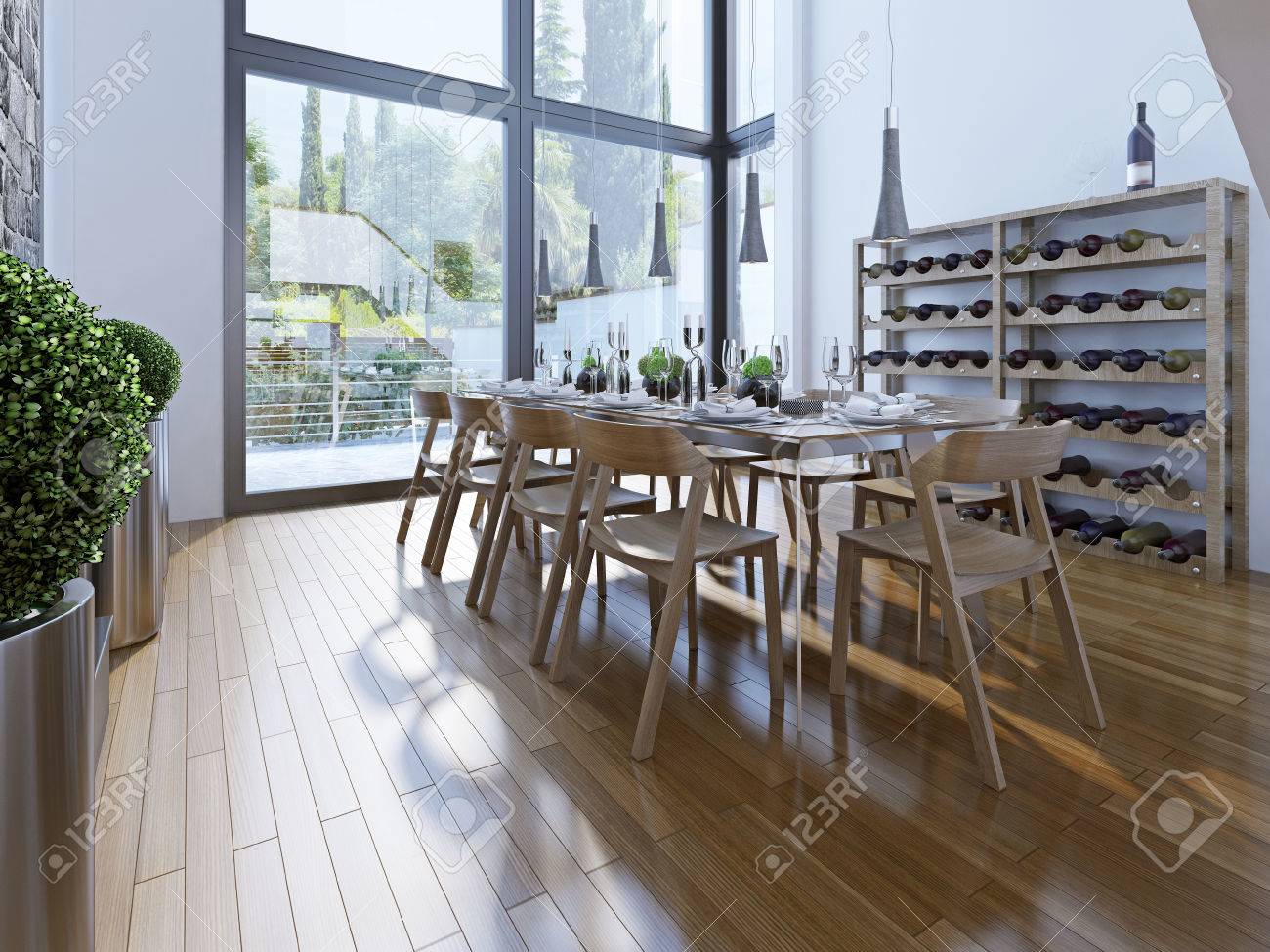 Progettazione di sala da pranzo con mobili marrone. una sala con ...