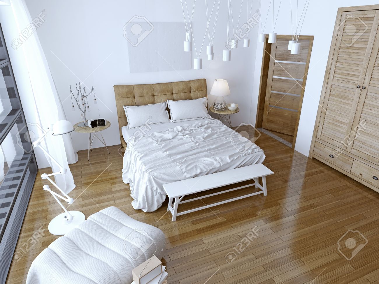 Moderne slaapkamer met bruin bed en witte muur. ruime kamer met ...