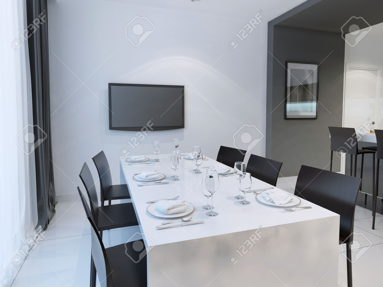 Tendenza in bianco e nero sala da pranzo. pranzo con tavolo da ...