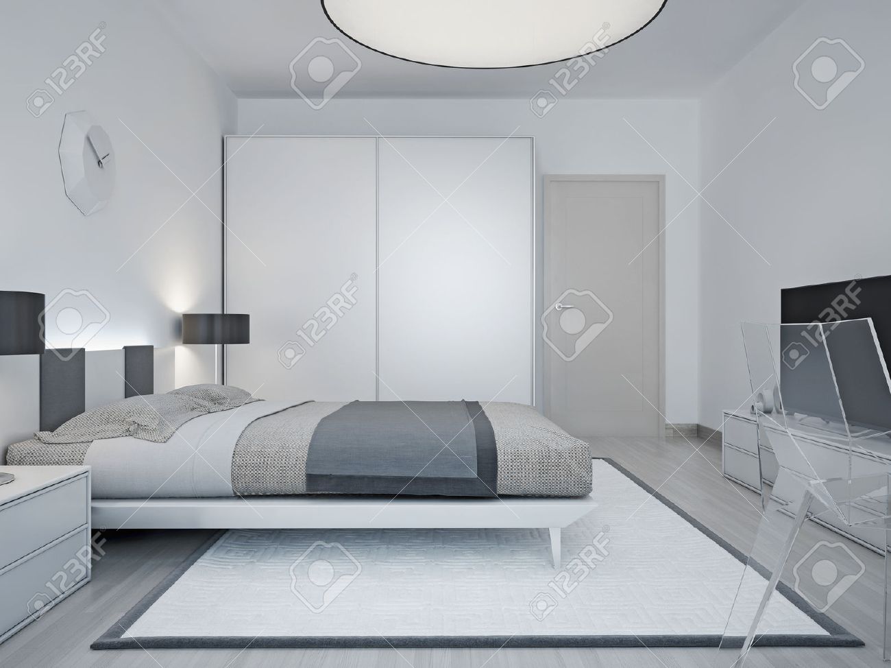 Moderna hotellrum design. rum med lyxig säng, svart lampa ...