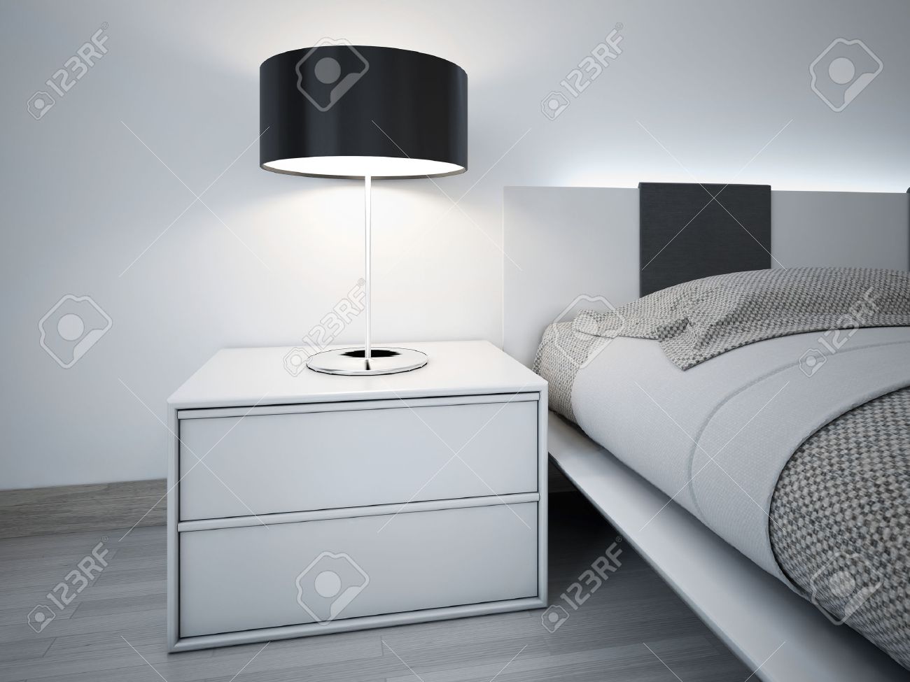 Eigentijds zwart wit slaapkamer ontwerp. stijlvolle nachtkastje in ...