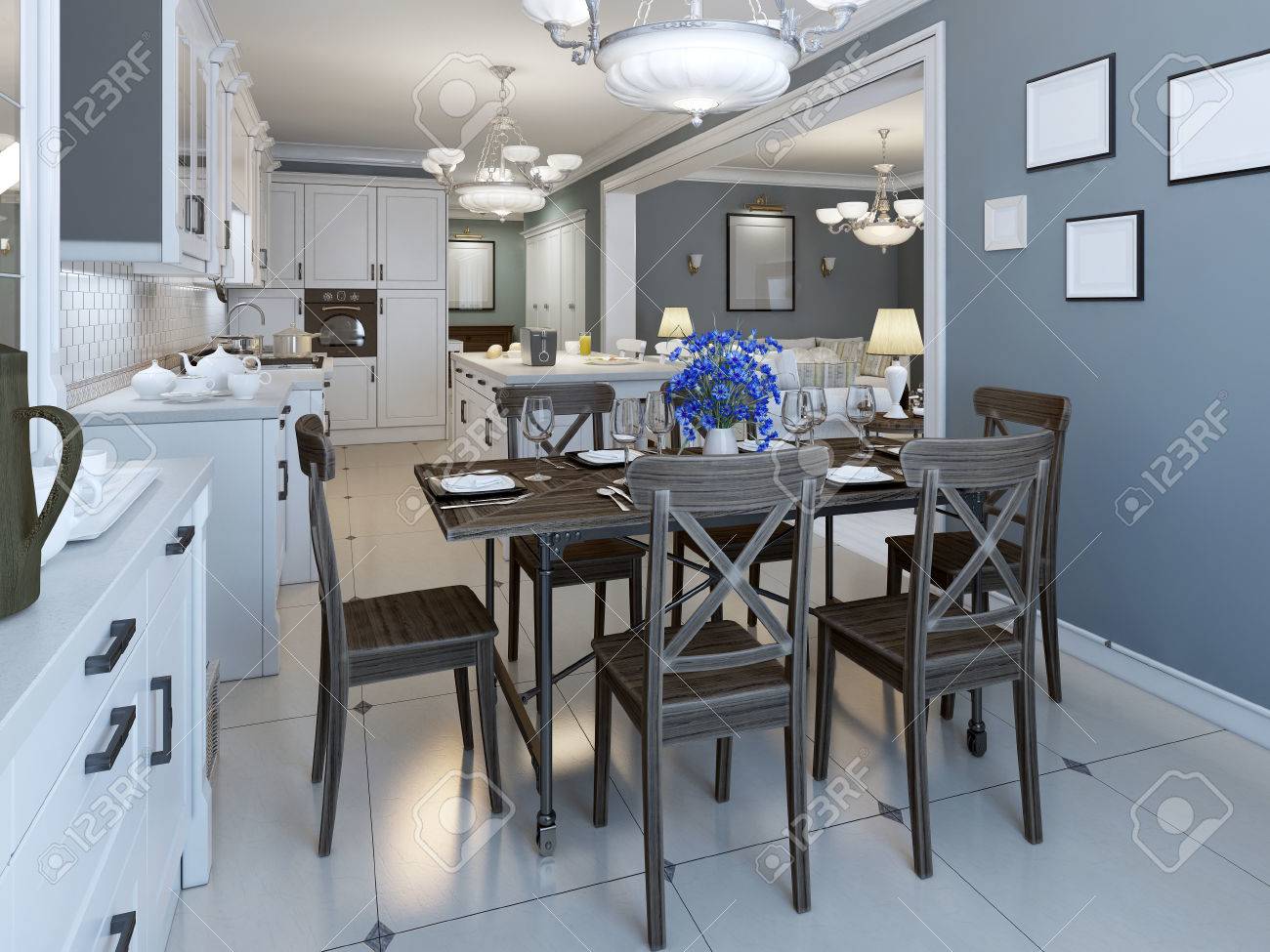 Sala da pranzo mediterraneo con kithen sullo sfondo. pareti navy e ... Decorazione pavimento Lucido