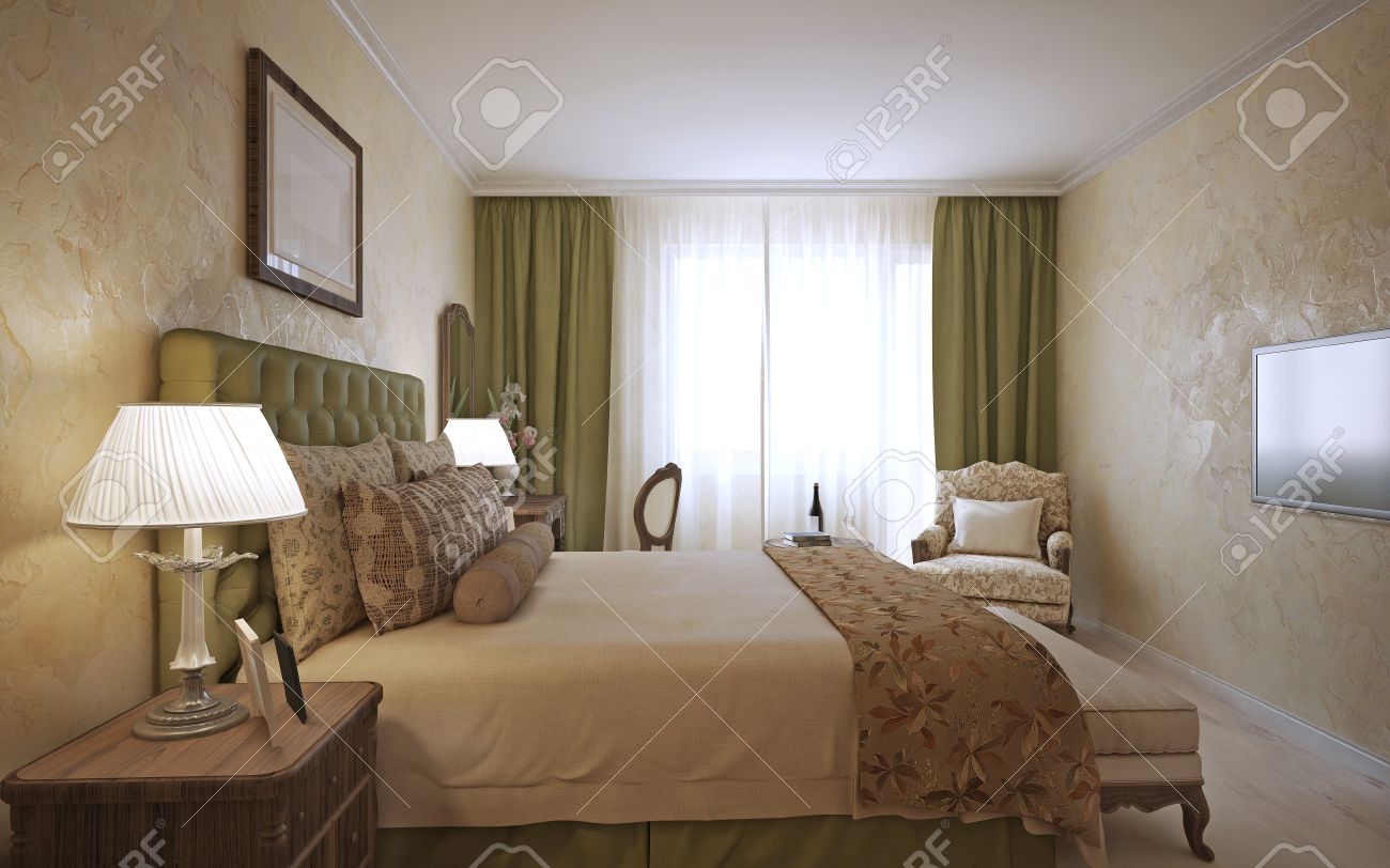 Slaapkamer engels design. netjes gekleed bed met kussens en dekens ...