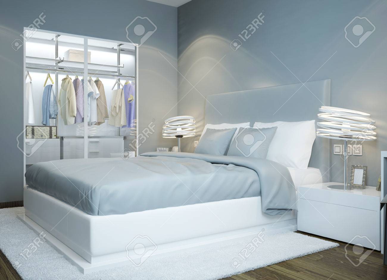 Scandinavische slaapkamer ontwerp. lichtblauw gekleurd slaapkamer ...