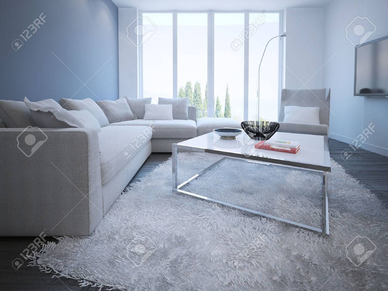 Eigentijdse woonkamer stijl. witte en blauwe muren, donkere ...