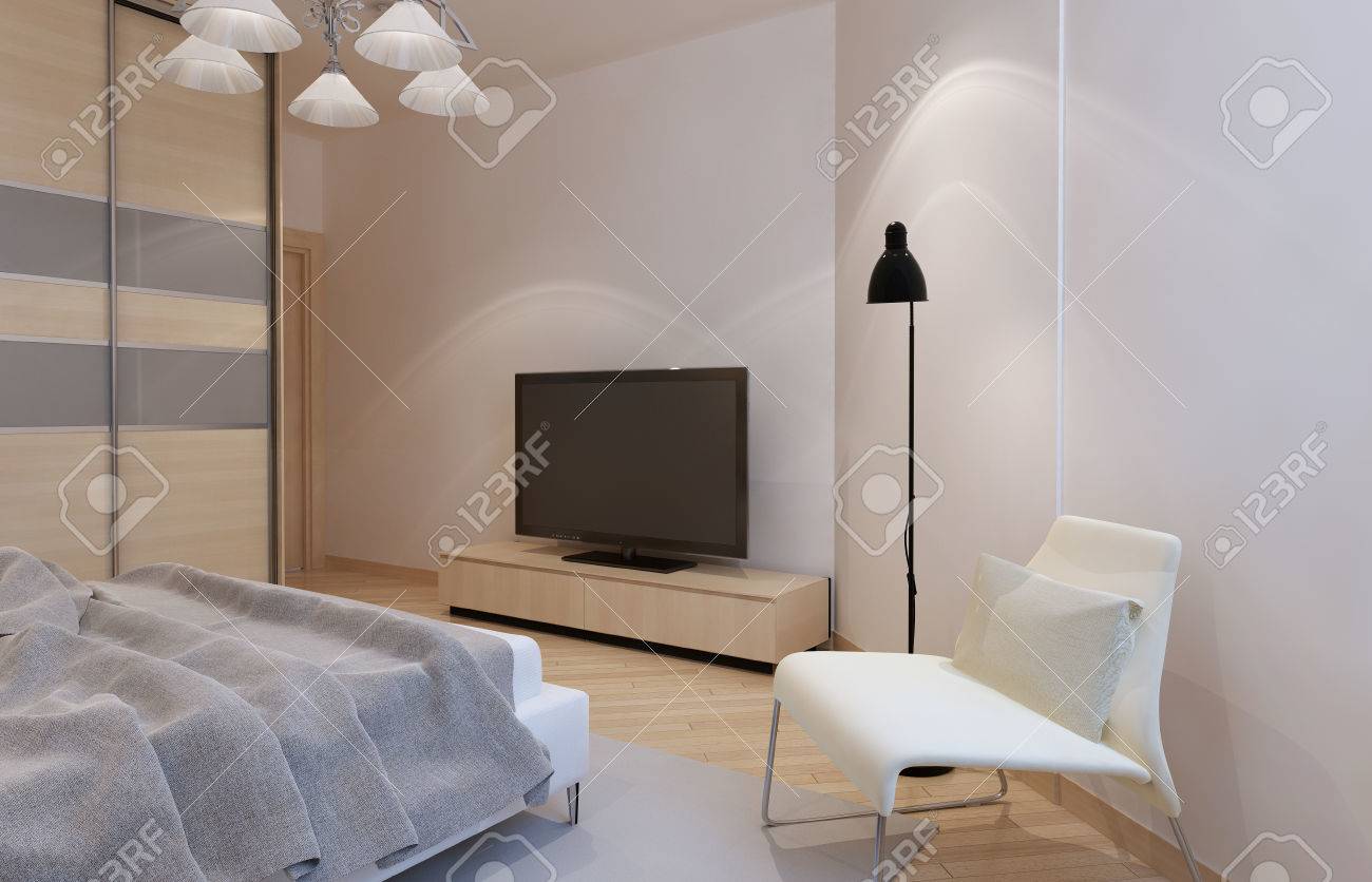 Lichte slaapkamer interieur met lichte bisque kleur meubilair. 3d ...