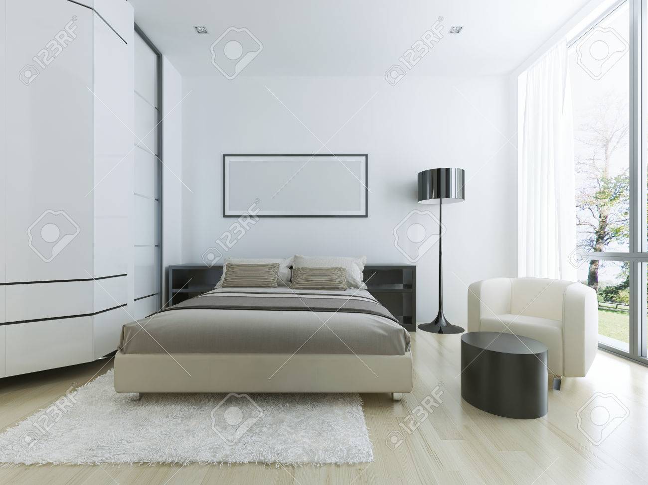 luxury hotel room in white. large panoramic window, steel floor luxury hotel room in white. large panoramic window, steel floor