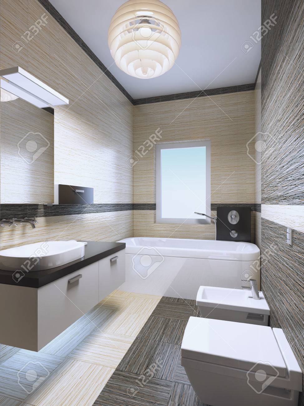 Luminoso bagno costoso con luci al neon, piastrelle zebrano in ...