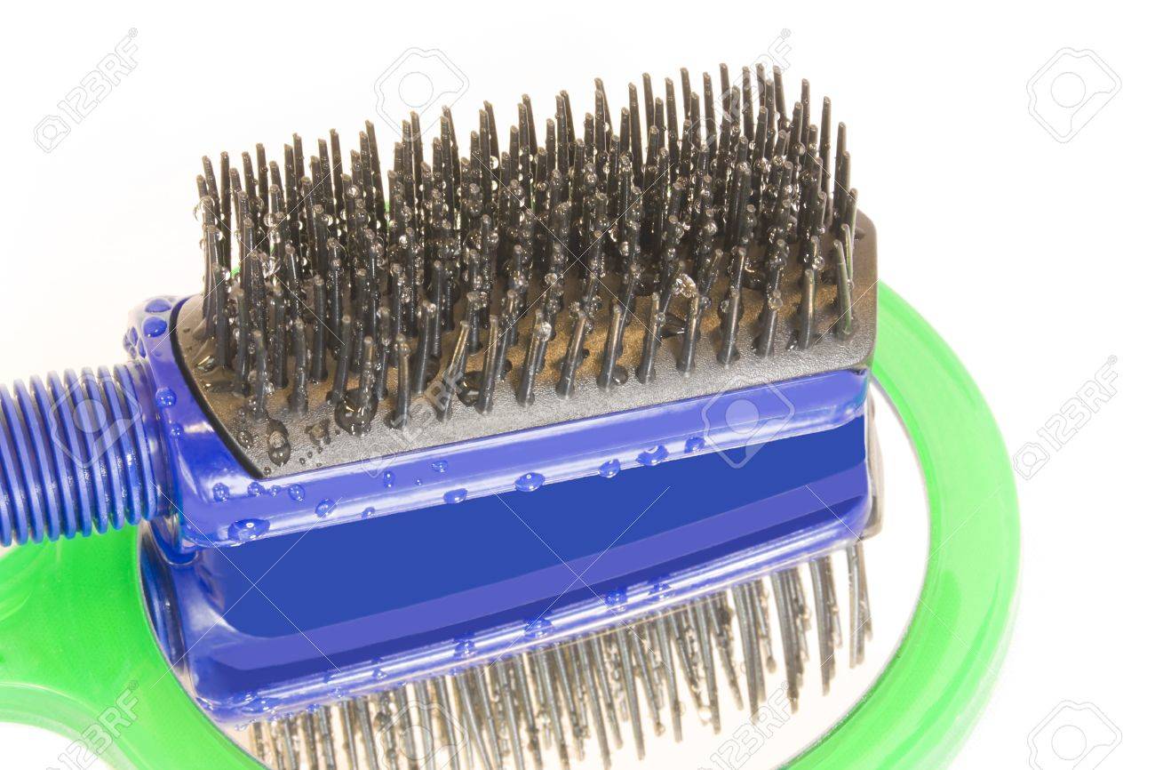 archivio fotografico spazzola per capelli bagnati e rotondo specchio di mano una spazzola per capelli blu si siede su uno specchio con manico verde e