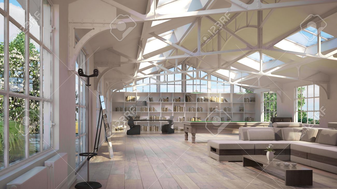 Luxus loft interieur, mit alten metall struktur auf decke und ...
