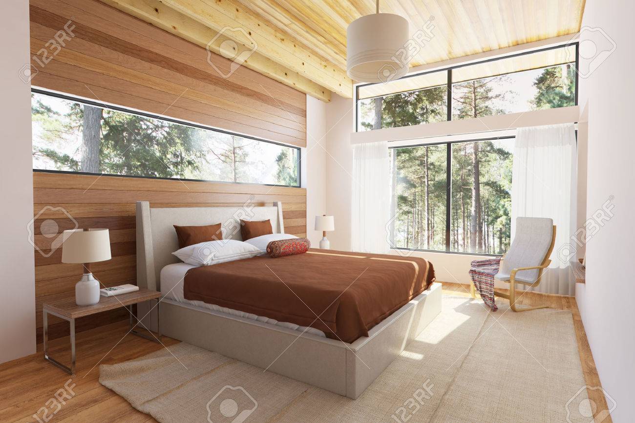 Holz schlafzimmer interieur mit bett holzstirnwände und groÃe ... Schlafzimmer bett bilder