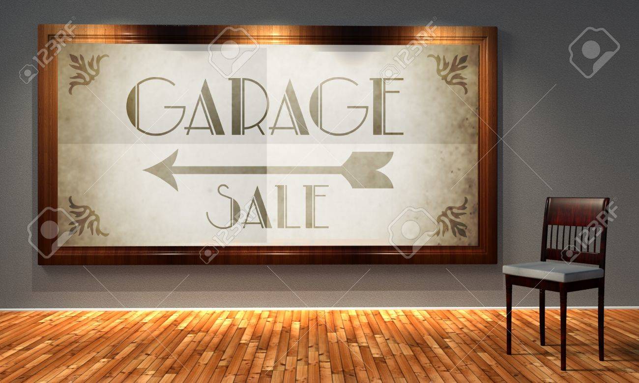 Vintage garage sale in old fashioned frame, retro interior stock ...