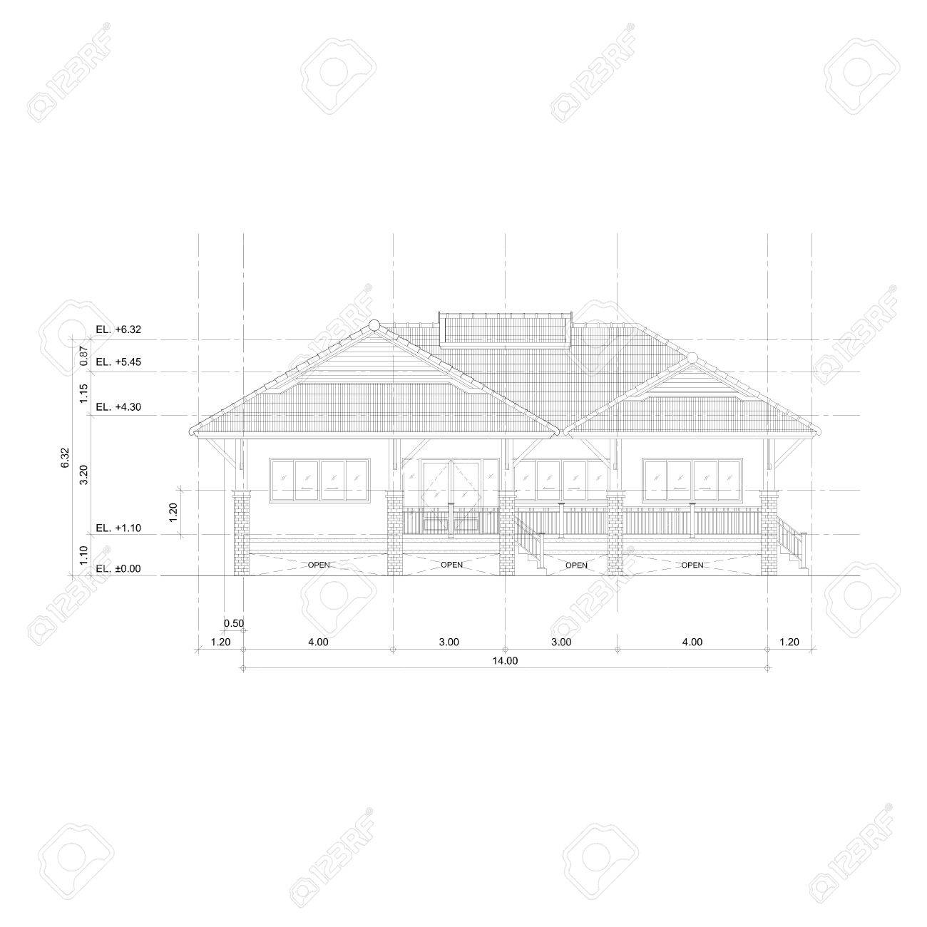 Stock photo thai style home designs drawing front view elevation plan
