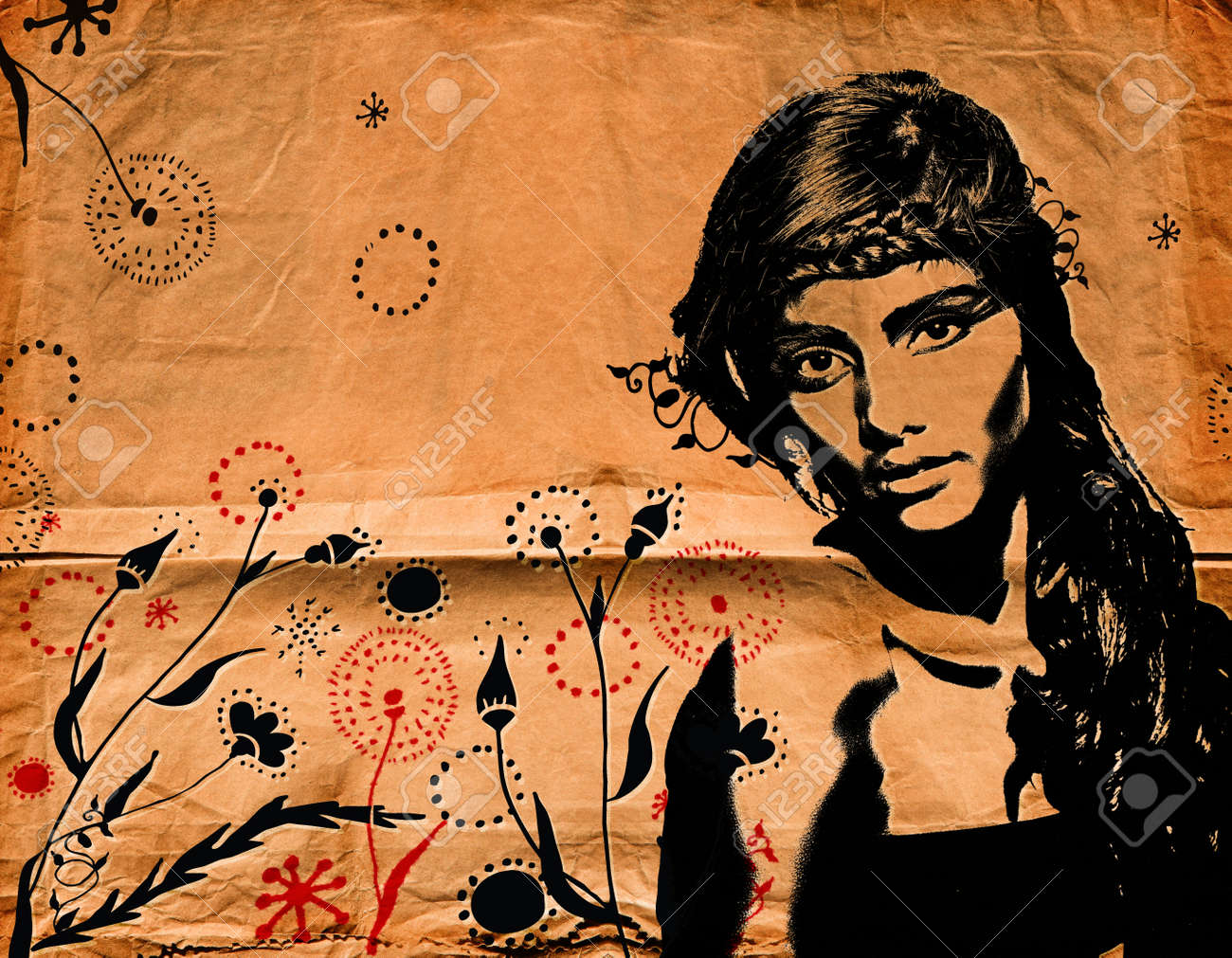Graffiti mode illustratie van een mooie vrouw met lang haar op ... Mode illustraties