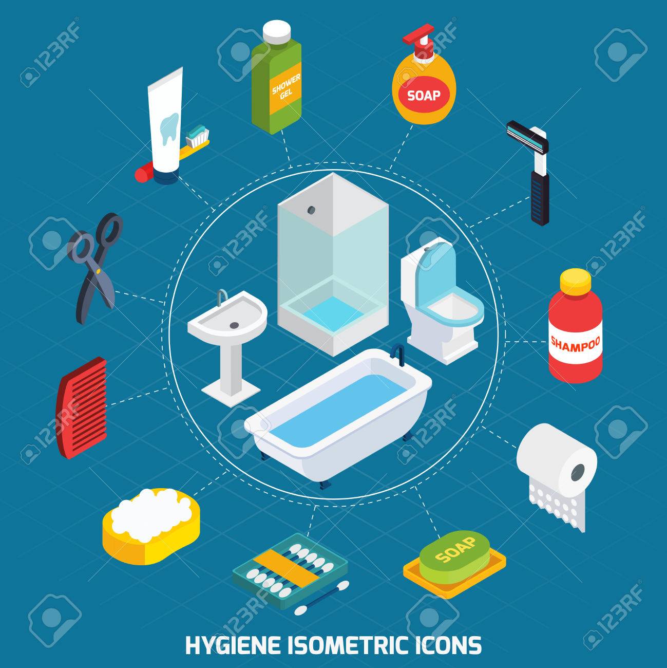 Hygiene isometrische symbole mit badezimmereinrichtungen und